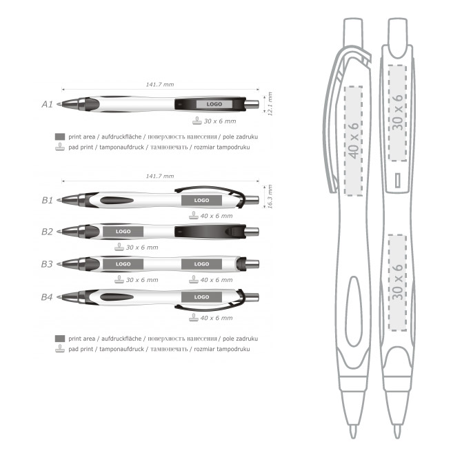 Áreas de impresión bolígrafos personalizados Viki blanco